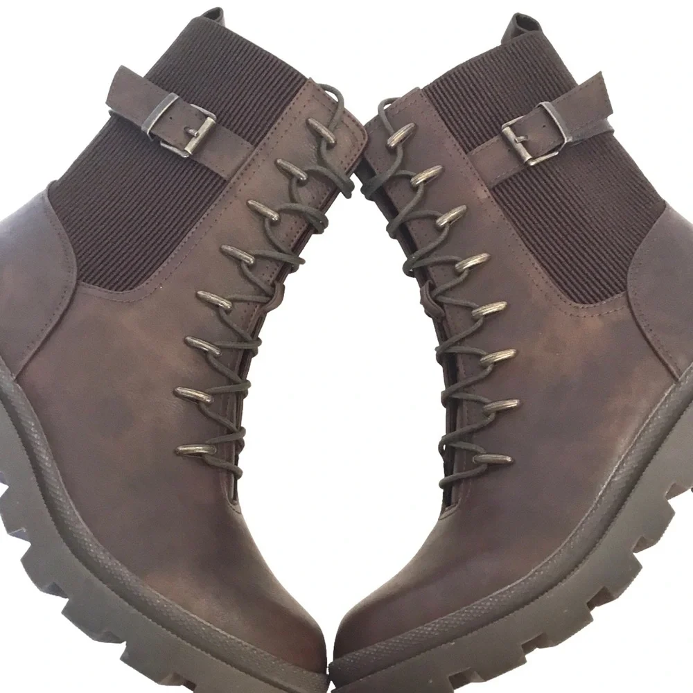 🆕TAHARI MELISSA Chunky Combat Ankle Boot Brown Vegan Leather Lace/Zip up Size-10 - Picture 6 of 16
